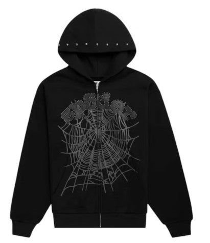 Sp5der OG Web Studded Zip Hoodie Black