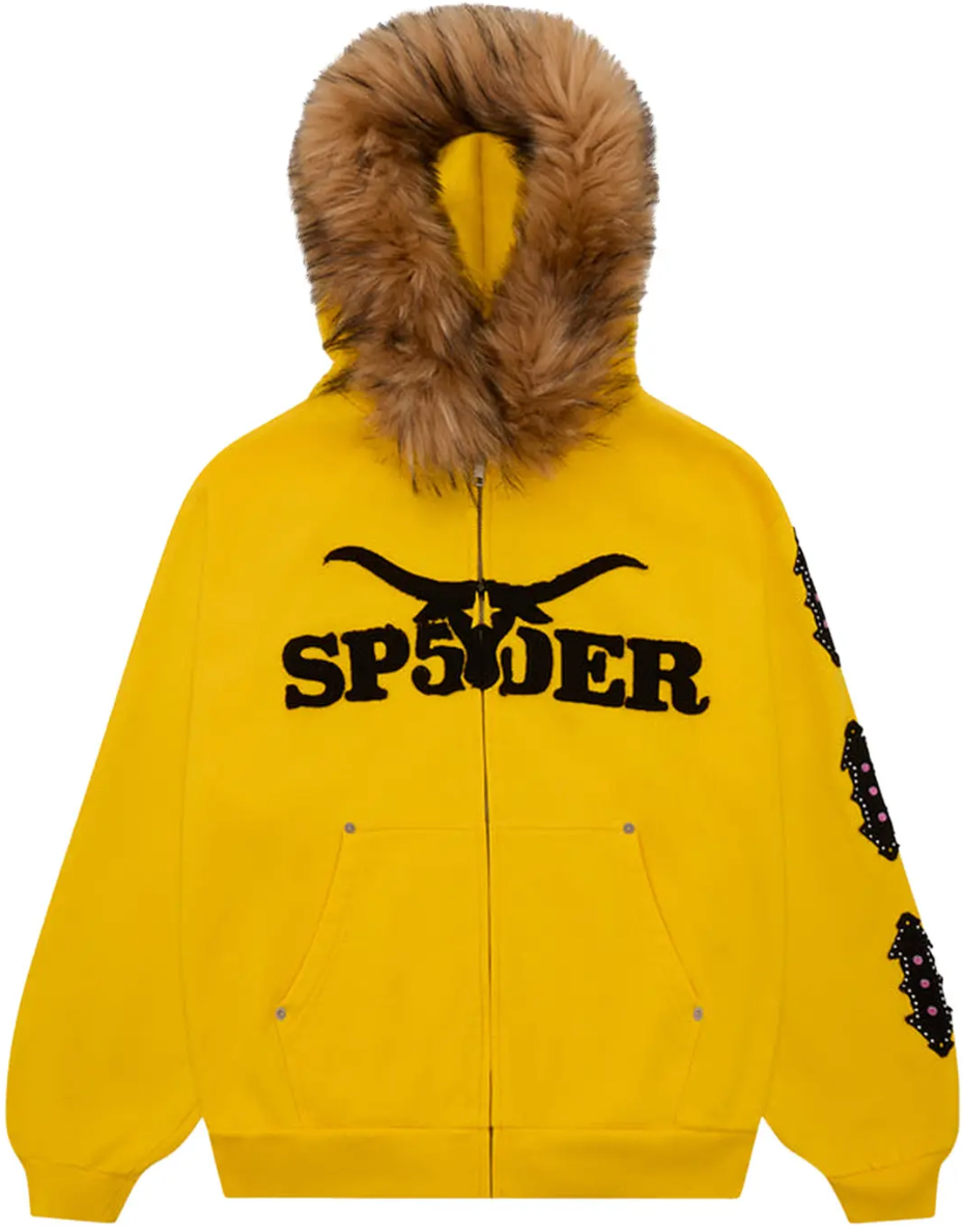 Sp5der Yellow fur zip up sweatshirt