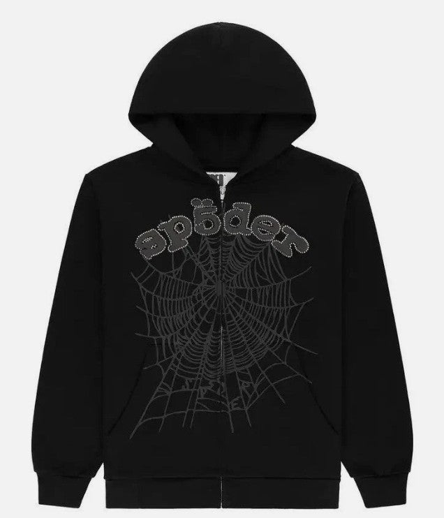 Sp5der Phantom Black Rhinestones OG Web Zip Hoodie