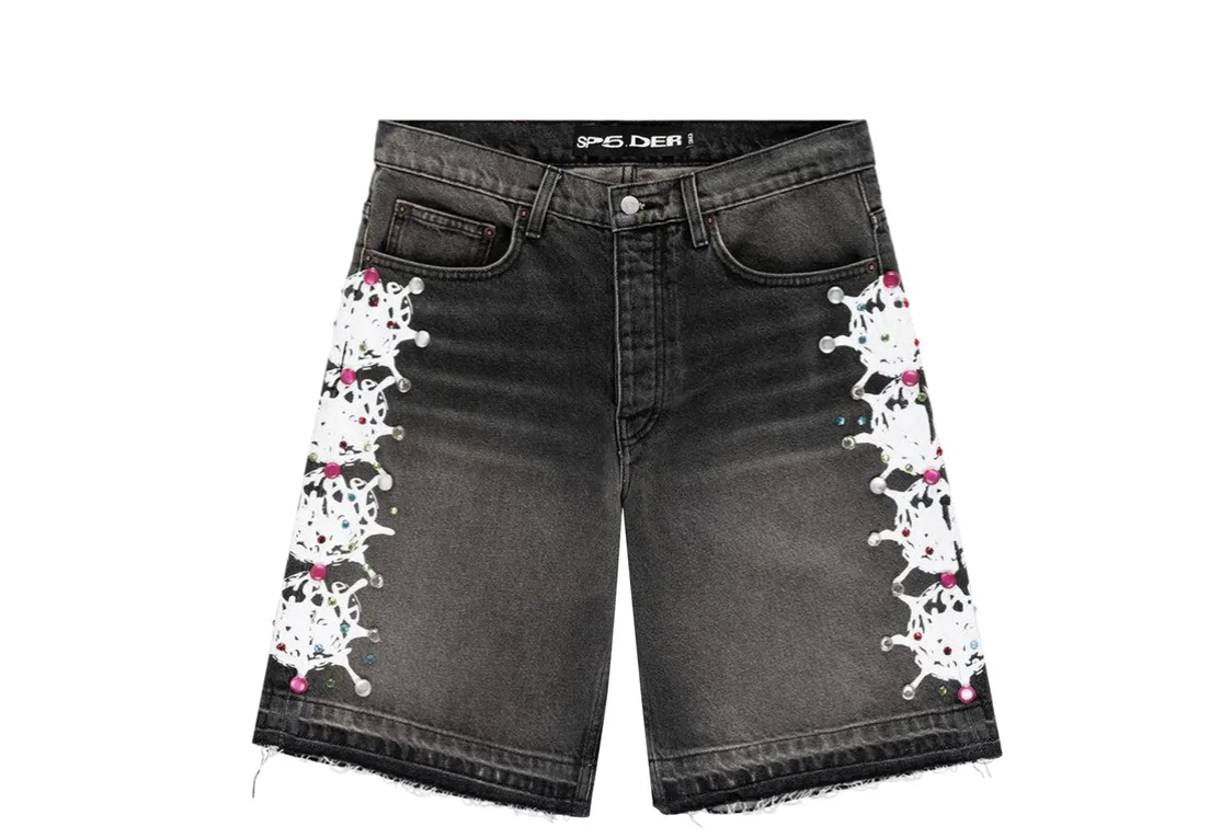Sp5der Web Stone Denim Shorts - Black Wash